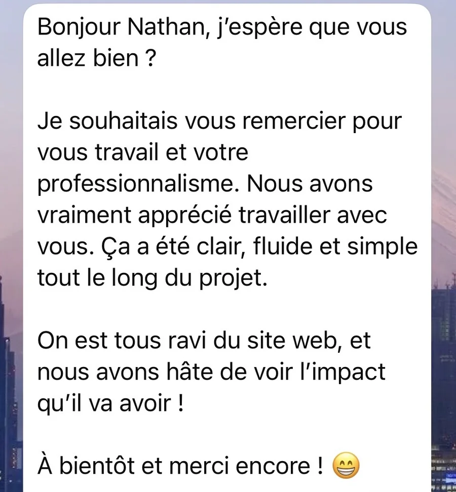 Message de remerciement d'un client d'Essoria reçu par WhatsApp